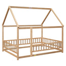 Floor Wooden Bed With House Roof Frame, Fence Guardrails