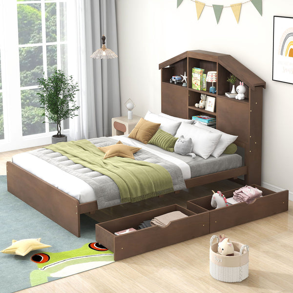 Full Size Wood Platform Bed With House Shaped Storage Headboard And 2 Drawers, Walnut