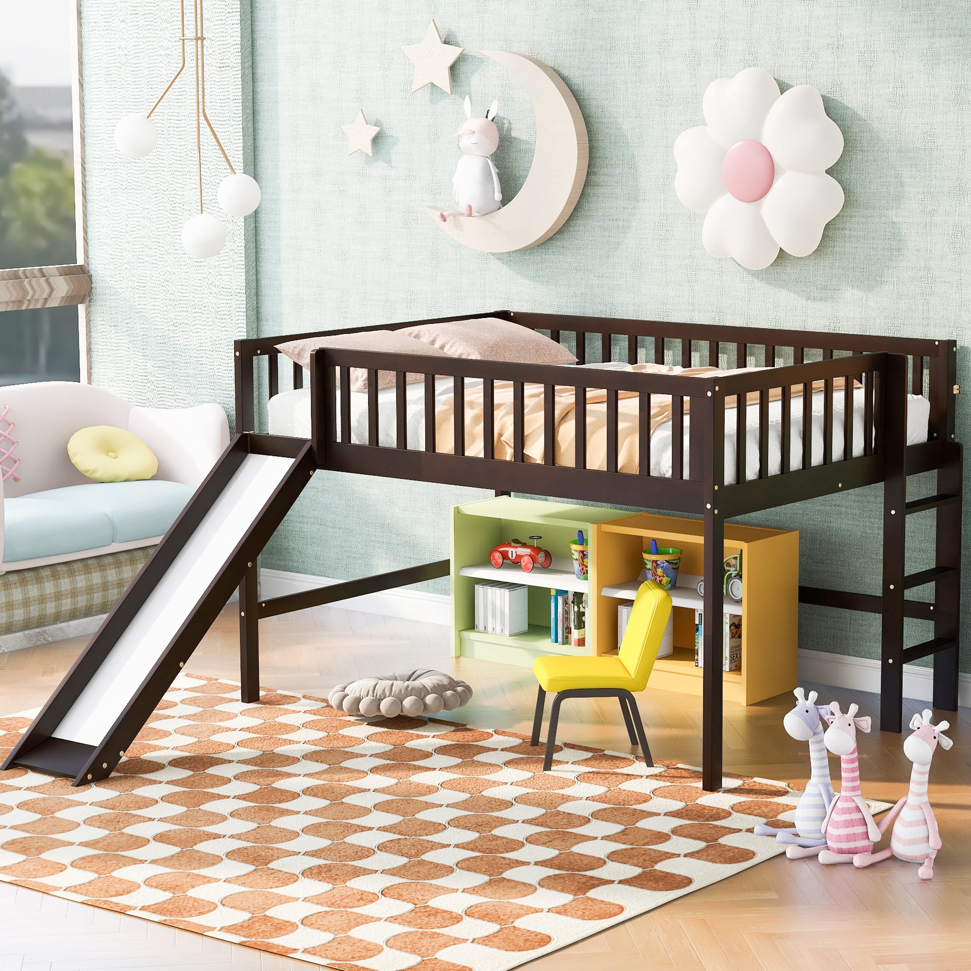 Full Size Low Loft Bed with Ladder and Slide,Espresso - Atlantic Fine Furniture Melbourne FL