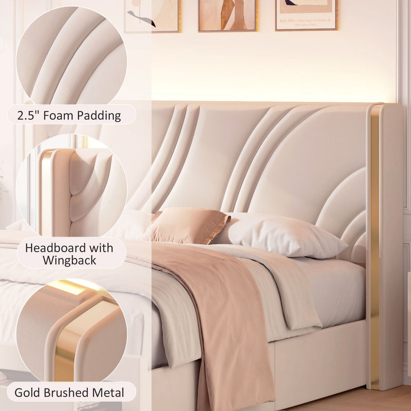Modern Upholstered LED Bed Frame With Storage Drawers, Wingback Headboard, RGB Light