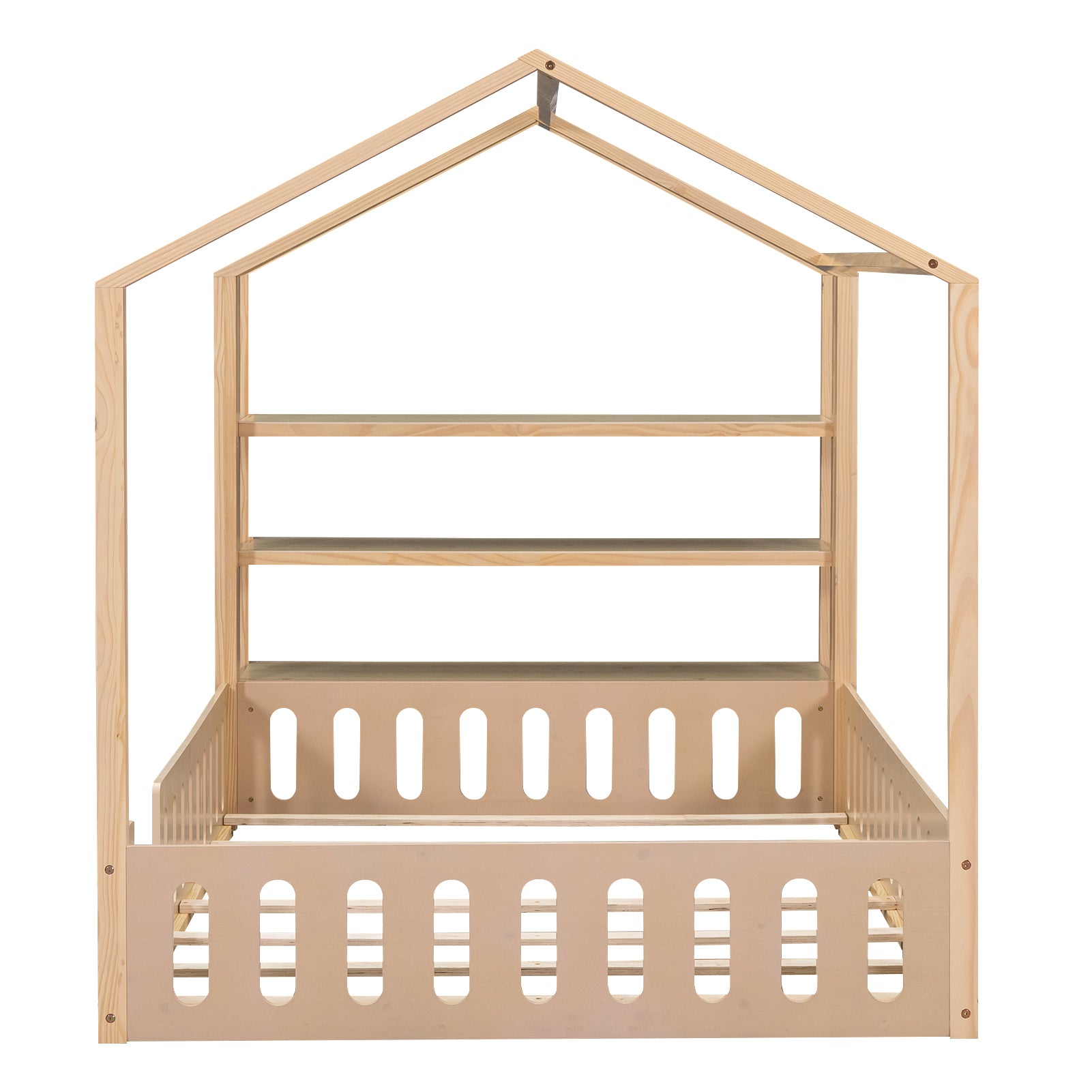 Full Size Wood House Bed with Fence and Detachable Storage Shelves, Natural