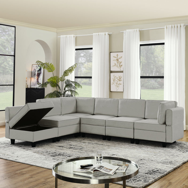 Linen Modular Sectional Sofa, U Shaped Couch With Adjustable Armrests And Backrests, 6 Seat Reversible Sofa Bed With Storage Seats For Living Room - Gray White