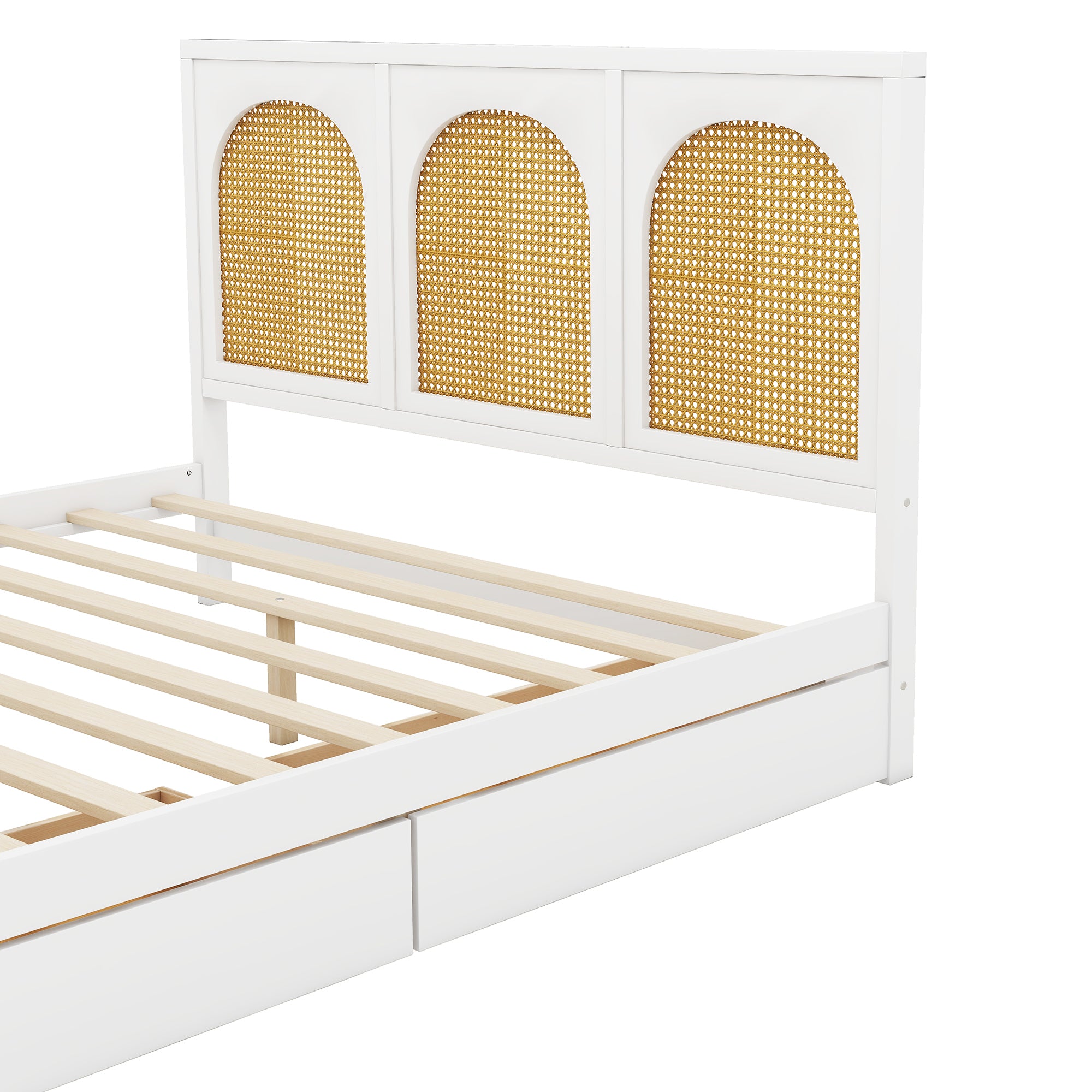 Queen Size Wood Storage Platform Bed with 2 Drawers, Rattan Headboard and Footboard, White - Atlantic Fine Furniture Melbourne FL