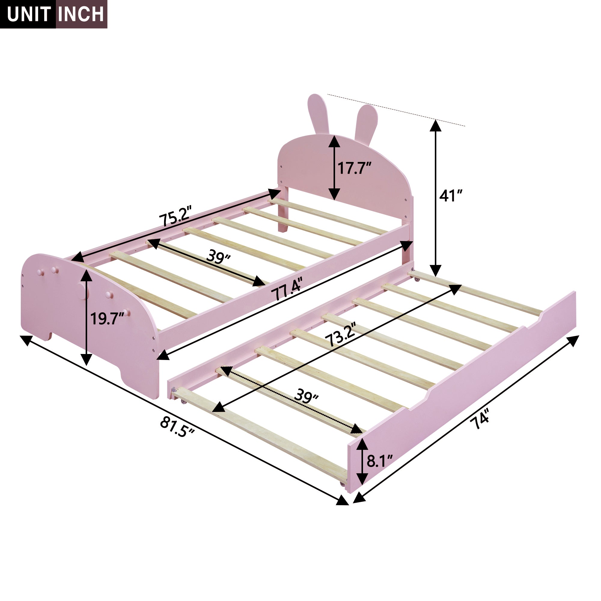 Wood Twin Size Platform Bed with Cartoon Ears Shaped Headboard and Trundle, Pink - Atlantic Fine Furniture Melbourne FL