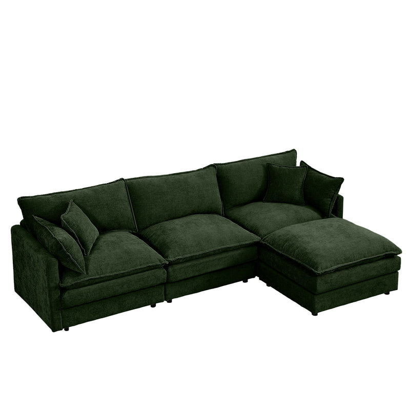 Modular Sectional Sofa 3 Seater L-Shaped Couch Set With Movable Ottoman - Green