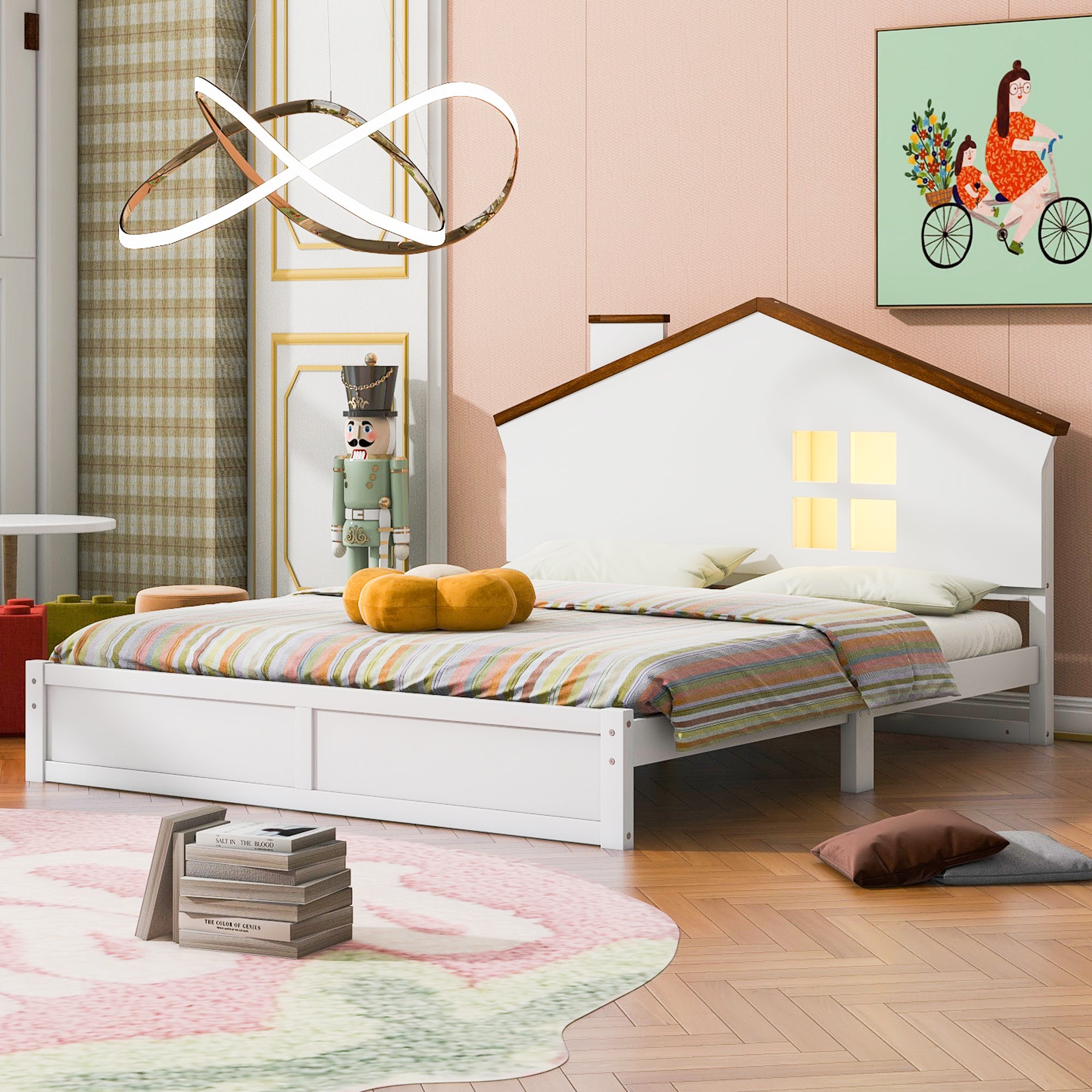 Full Size Wood Platform Bed with House-shaped Headboard and Built-in LED, Walnut+White - Atlantic Fine Furniture Melbourne FL
