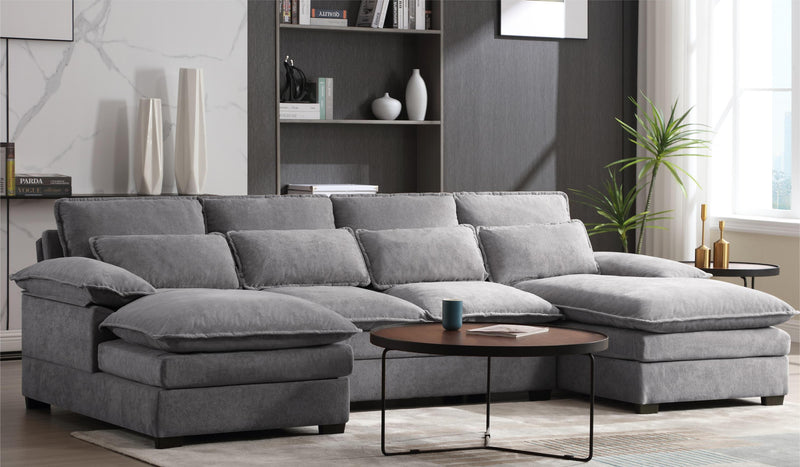 U Shaped Modular Sectional Sofa 6 Deap Seats Corne with waist poillow, Oversized Convertible Upholstery Symmetrical Sofá Cloud Couches with Double Chaise&Memory Foam for Living Room, Gray