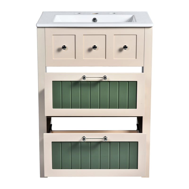Bathroom Vanity With Ceramic Sink, Bathroom Vanity Cabinet With 2 Drawers, Wooden Bathroom Sink Cabinet - Beige / Green