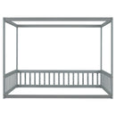 Full Size Canopy Frame Floor Bed with Fence, Guardrails,Grey
