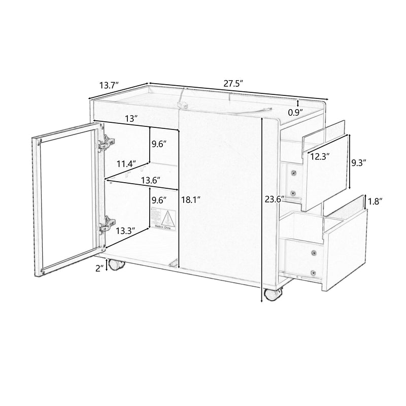 Modern End Table With Led Light And Wheels, Side Table With Transparent Brown Glass Door, 2 Storage Shelves And Drawers For Living Room