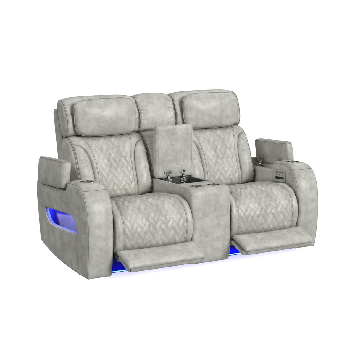 Prime Time P3 Loveseat With Console, 7 Colors Led, Cup Holders And Wireless Charger Controller in Leather Gel Light Gray by Elements International, view 10