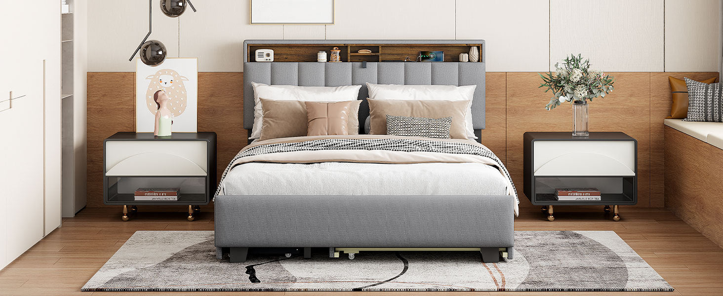 Queen size Upholstered Platform Bed with Storage Headboard, Twin XL Size Trundle & 2 drawers and a set of Sockets & USB Ports, Linen Fabric, Gray - Atlantic Fine Furniture Melbourne FL