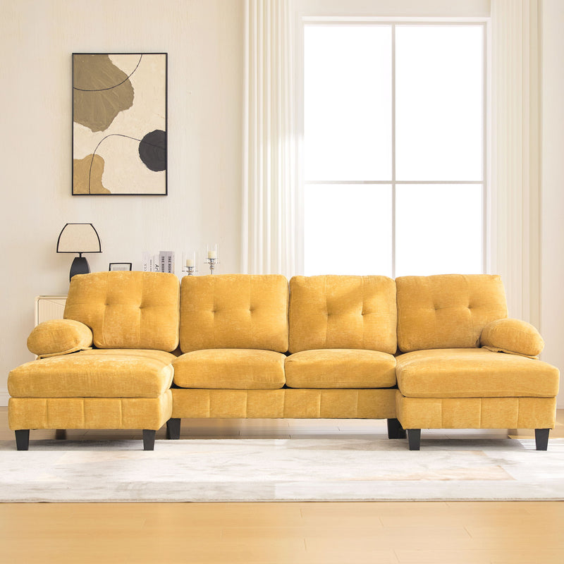 U-Shaped Sectional Sofa 103.5" Black Chenille Fabric Couch With Dual Chaise Lounges, Storage Pockets, Armrest Pillows