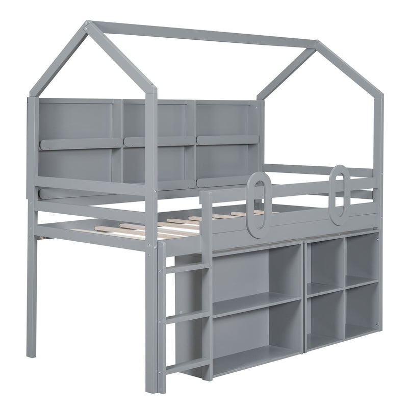 Twin Size House Loft Bed with Multiple Storage Shelves, Grey