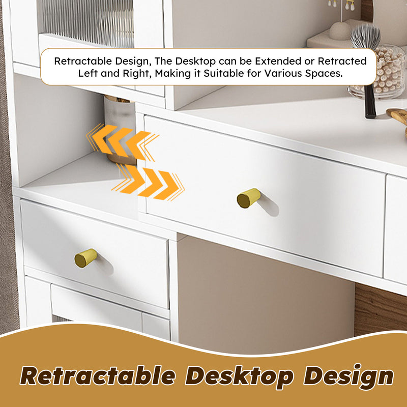 Vanity Dressing Table With LED Mirror & Storage Makeup Desk With 3 Drawers, 2 Open Shelves & 4 Hidden Cabinets - White