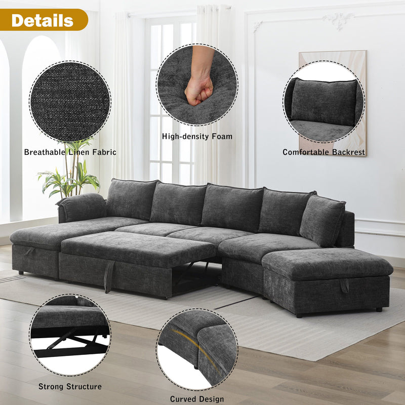 L-Shaped Sofa Sectional Sofa Couch Pull-Out Sofa Bed With A Movable Storage Ottoman, A Storage Chaise Lounge And Two USB Ports For Living Room