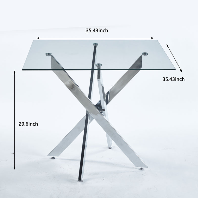 Dining Table With Cross Metal Leg And Tempered Glass, Modern Space Saving Kitchen Table For Living Room Legs, Square Table