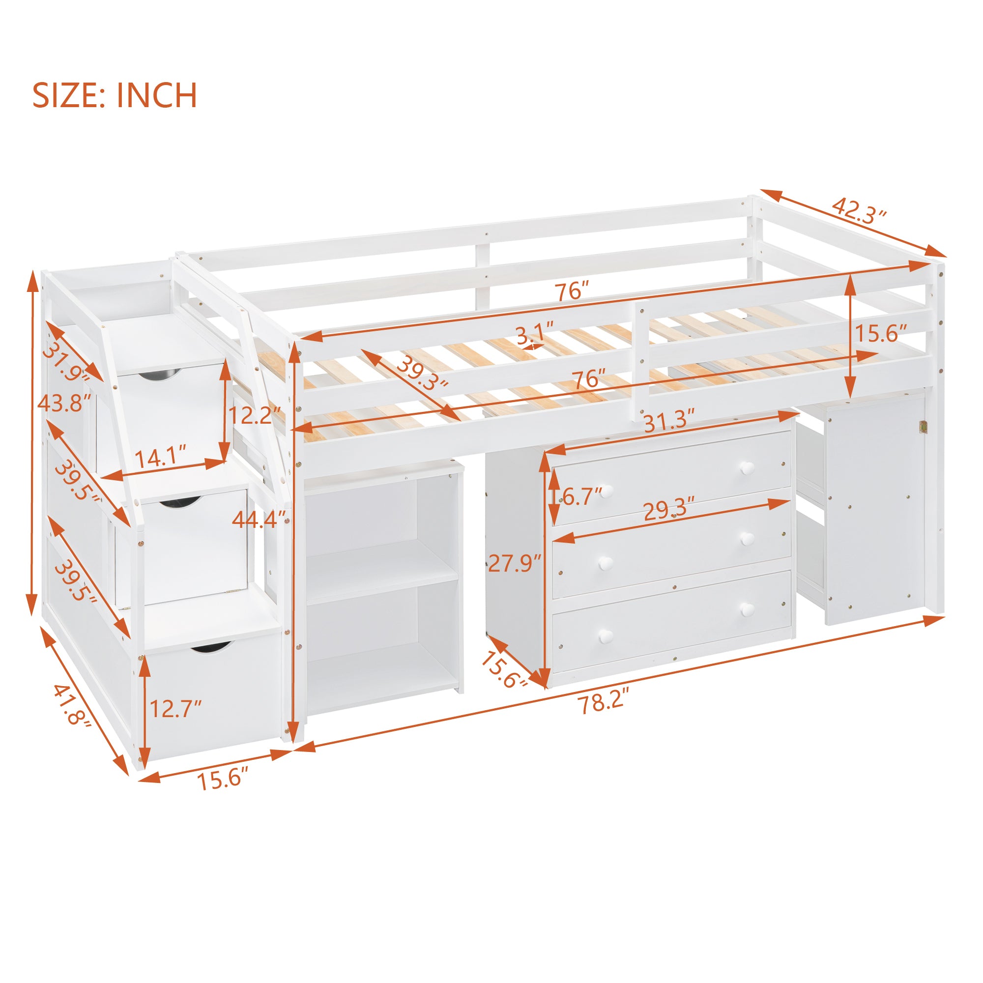 Twin Size Loft Bed with Retractable Writing Desk and 3 Drawers, Wooden Loft Bed with Storage Stairs and Shelves, White - Atlantic Fine Furniture Melbourne FL