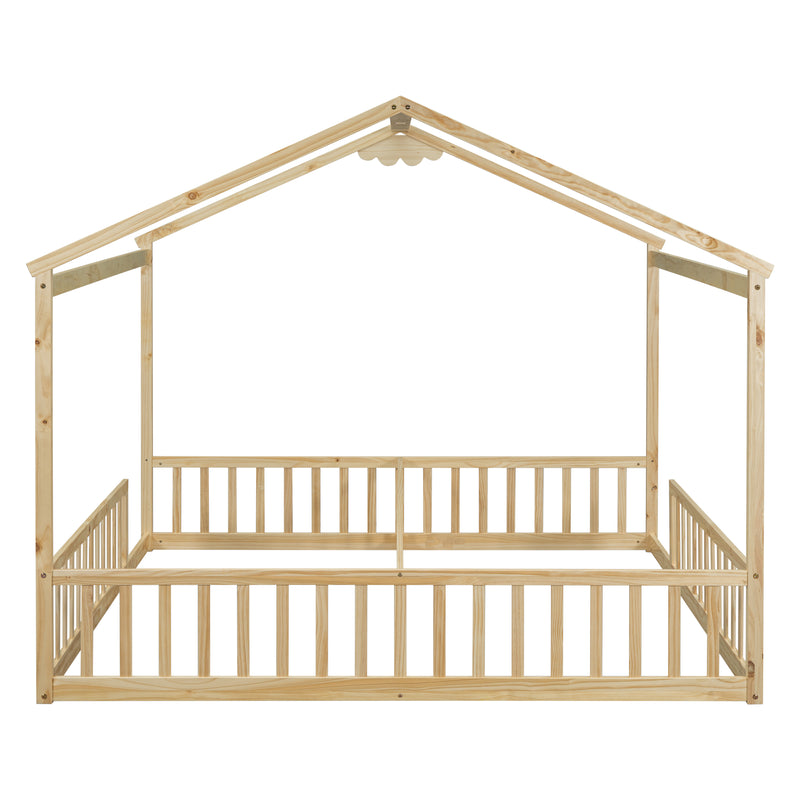 Double Twin House-Style Floor Bed with Fence, Guardrails, without door, Natural