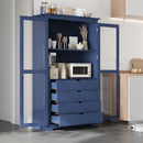 Kitchen Pantry, Freestanding Kitchen Storage Cabinet Display Cabinet With Glass Doors And 4 Built In Drawers For Living Room, Home Office - Blue