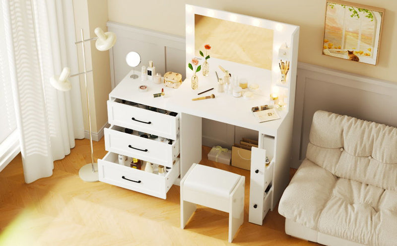 Vanity Desk With Freely Adjustable Side Cabinet, Makeup Vanity With Hollywood Lights, 5 Storage Drawers & 2-Shelves, Modern Dressing Table - White