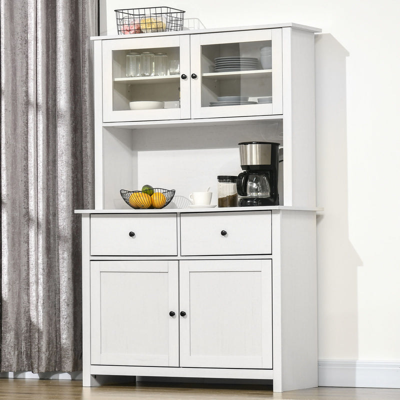 Homcom - 63.5" Kitchen Buffet With Hutch, Pantry Storage Cabinet With 4 Shelves, Drawers, Framed Glass Doors, Open Microwave Countertop - Antique White