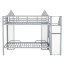 Metal Twin Over Twin Castle-Shaped Bunk Bed With Wardrobe And Multiple Storage - Gray / White