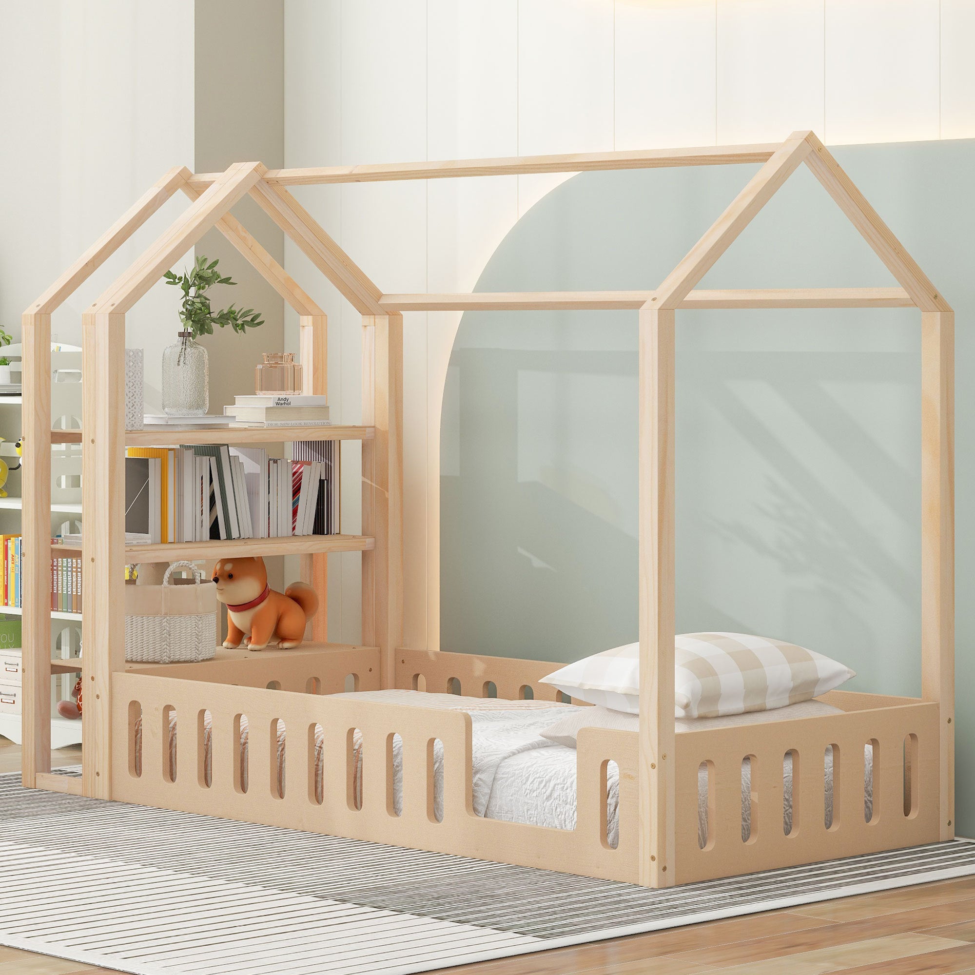 Twin Size Wood House Bed with Fence and Detachable Storage Shelves, Natural - Atlantic Fine Furniture Melbourne FL