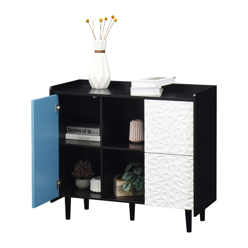 Modern Sideboard Buffet Cabinet With Red Doors And Unique Panel Styling