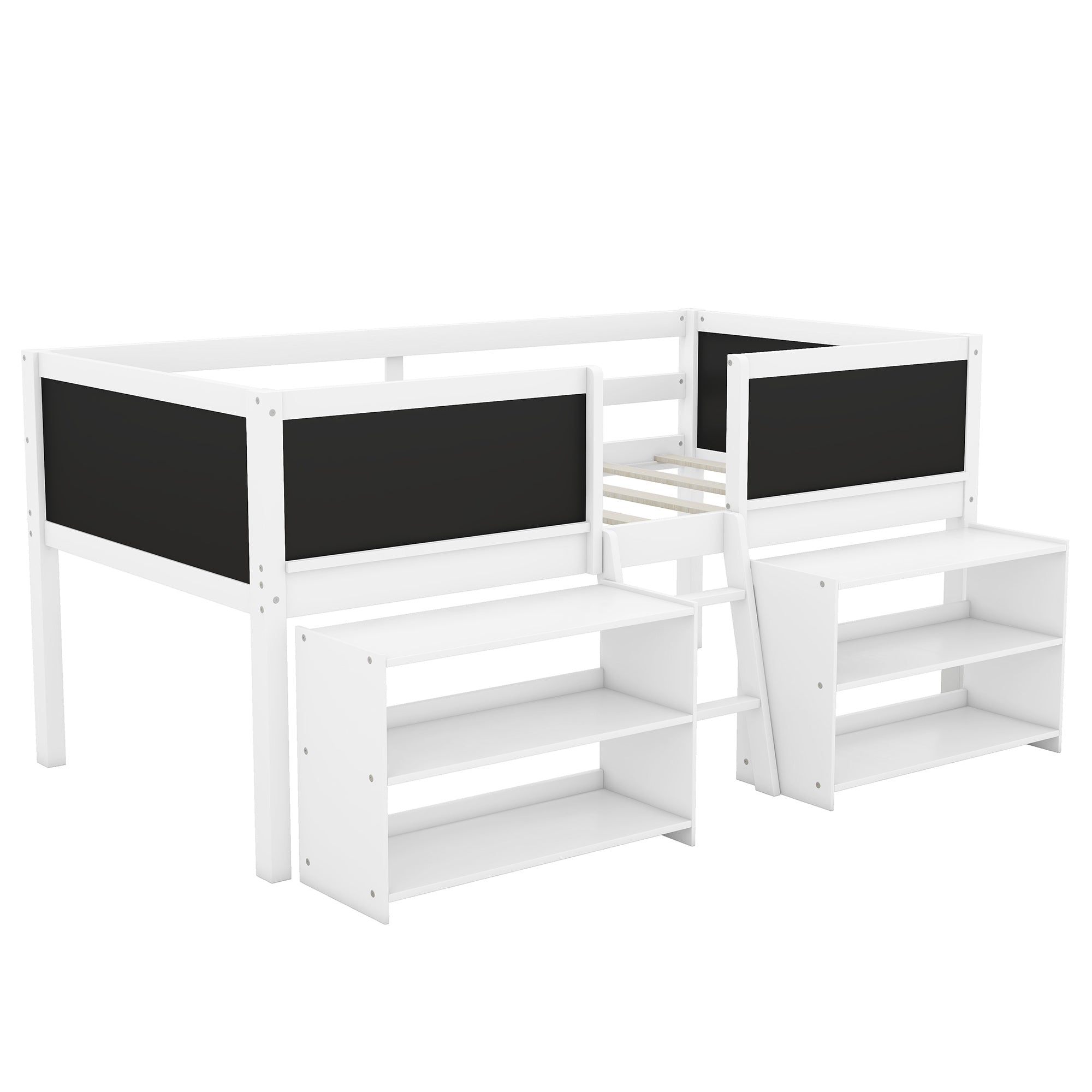 Twin Size Low Loft Bed with Two Movable Shelves and Ladder,with Decorative Guardrail Chalkboard,White(Old SKU: WF283286AAK) - Atlantic Fine Furniture Melbourne FL