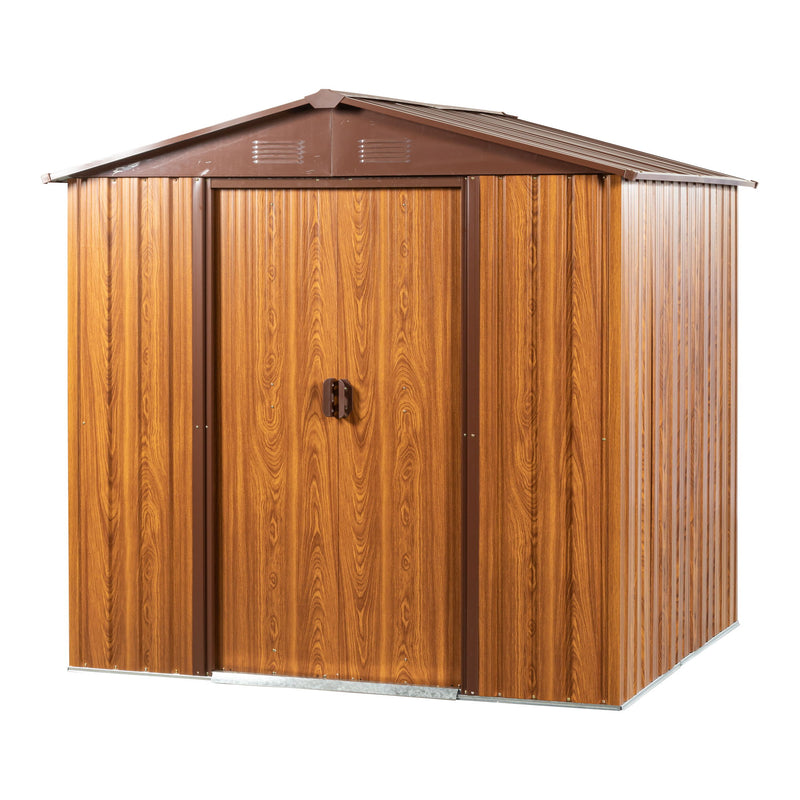 Metal Storage Shed Appealing Horizontal Siding In Woodgrain With Coffee Trim To Complement - Light Brown