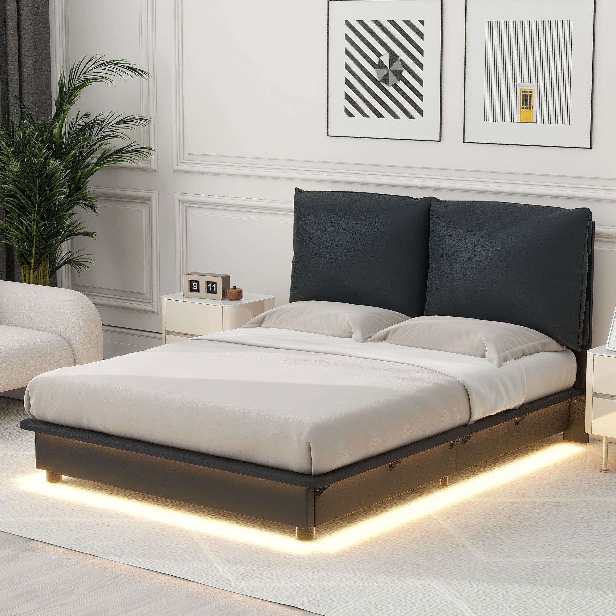 Full Size Upholstered Platform Bed with Sensor Light and Ergonomic Design Backrests, Black - Atlantic Fine Furniture Melbourne FL