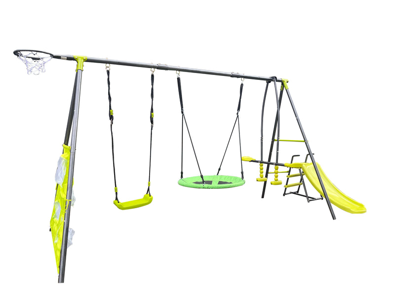 Interesting Six Function Swingset With Net Swing Metal Plastic Safe Swing Set 440Lbs For Outdoor Playground For Age 3+ With 31.5" Net Swing - Gray / Blue