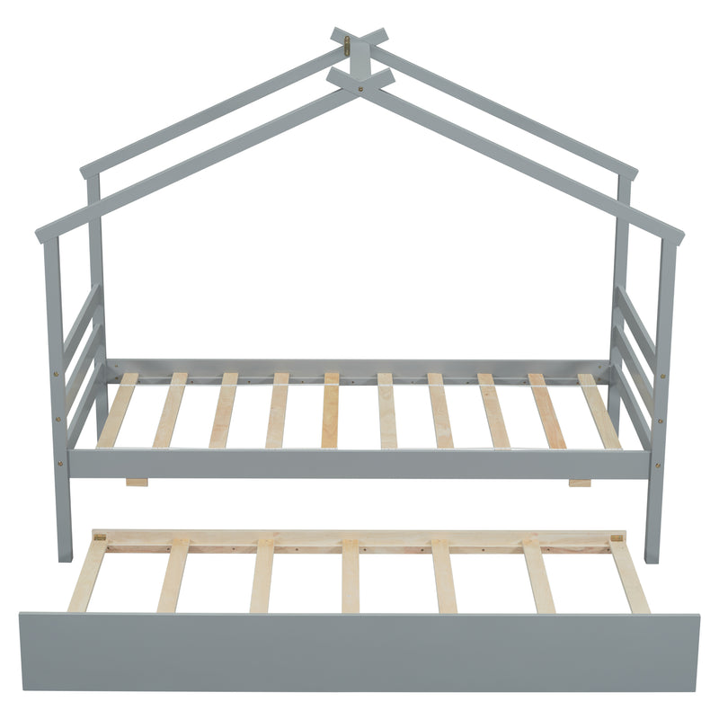 Twin Size  House-shaped Bed with Trundle,Grey