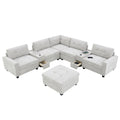 Sectional With Acrylic Table Top U Shaped Couch Set With 2 Consoles USB Charger, Storage Drawers And Pockets Movable Ottoman Tufted Sofa