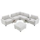Sectional With Acrylic Table Top U Shaped Couch Set With 2 Consoles USB Charger, Storage Drawers And Pockets Movable Ottoman Tufted Sofa