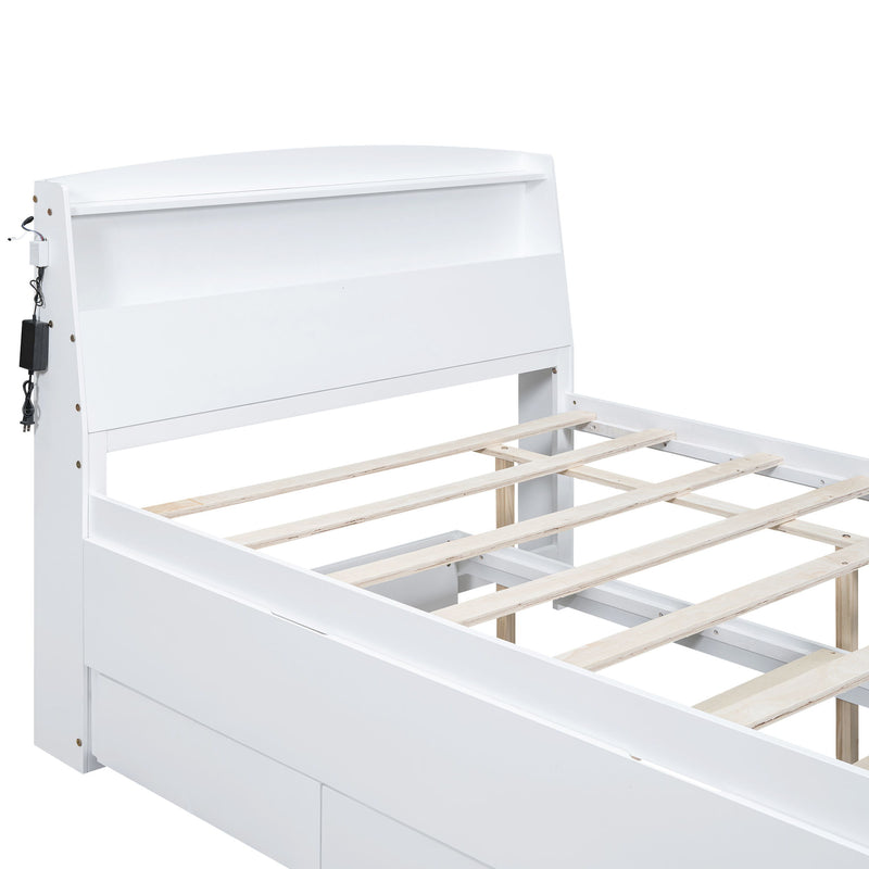 Full Size Platform Bed With Storage LED Headboard, Twin Trundle And 3 Drawers - White