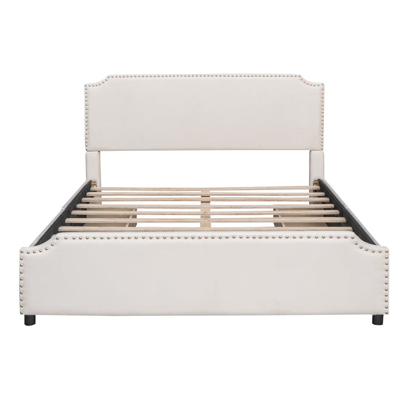 Upholstered Platform Bed with Stud Trim Headboard and Footboard and 4 Drawers No Box Spring Needed, Velvet Fabric, Queen Size (Beige)