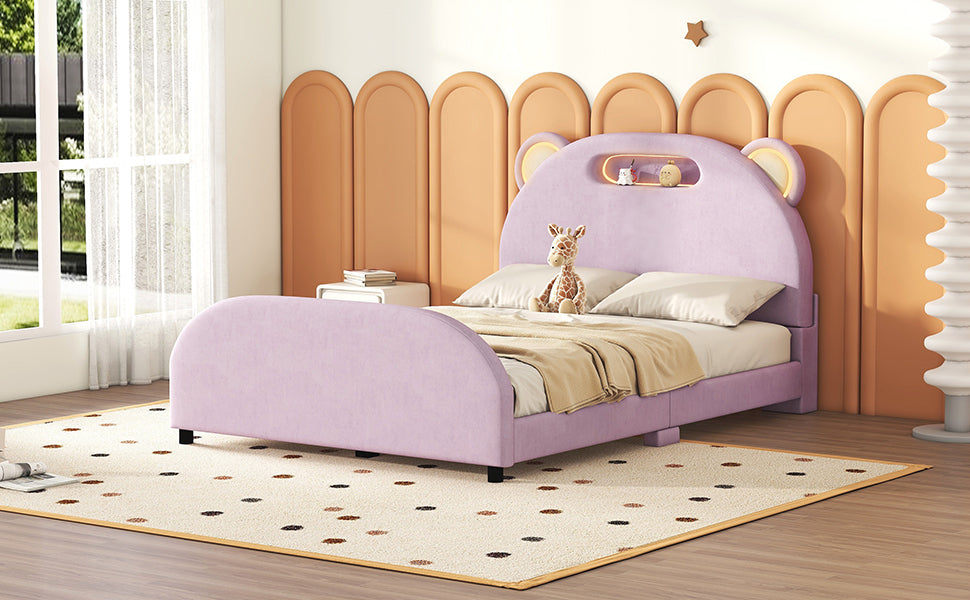 Full Size Upholstered Platform Bed with Bear-Shaped Headboard and Embedded Light Stripe, Velvet, Pink - Atlantic Fine Furniture Melbourne FL