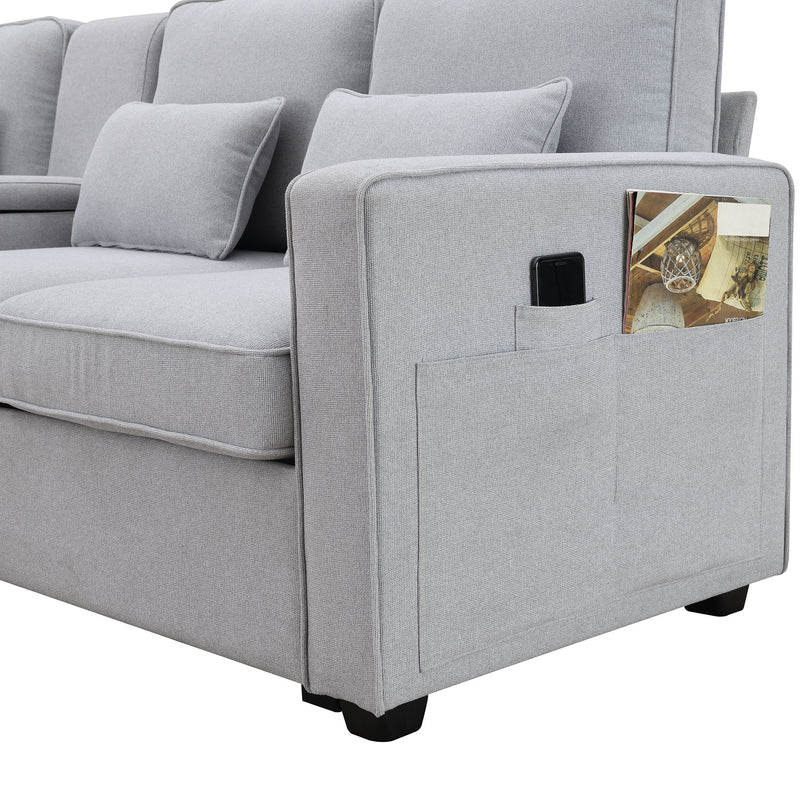 4 Seater Modern Linen Sofa With Armrest Pockets And 4 Pillows, Minimalist Style Couch For Living Room