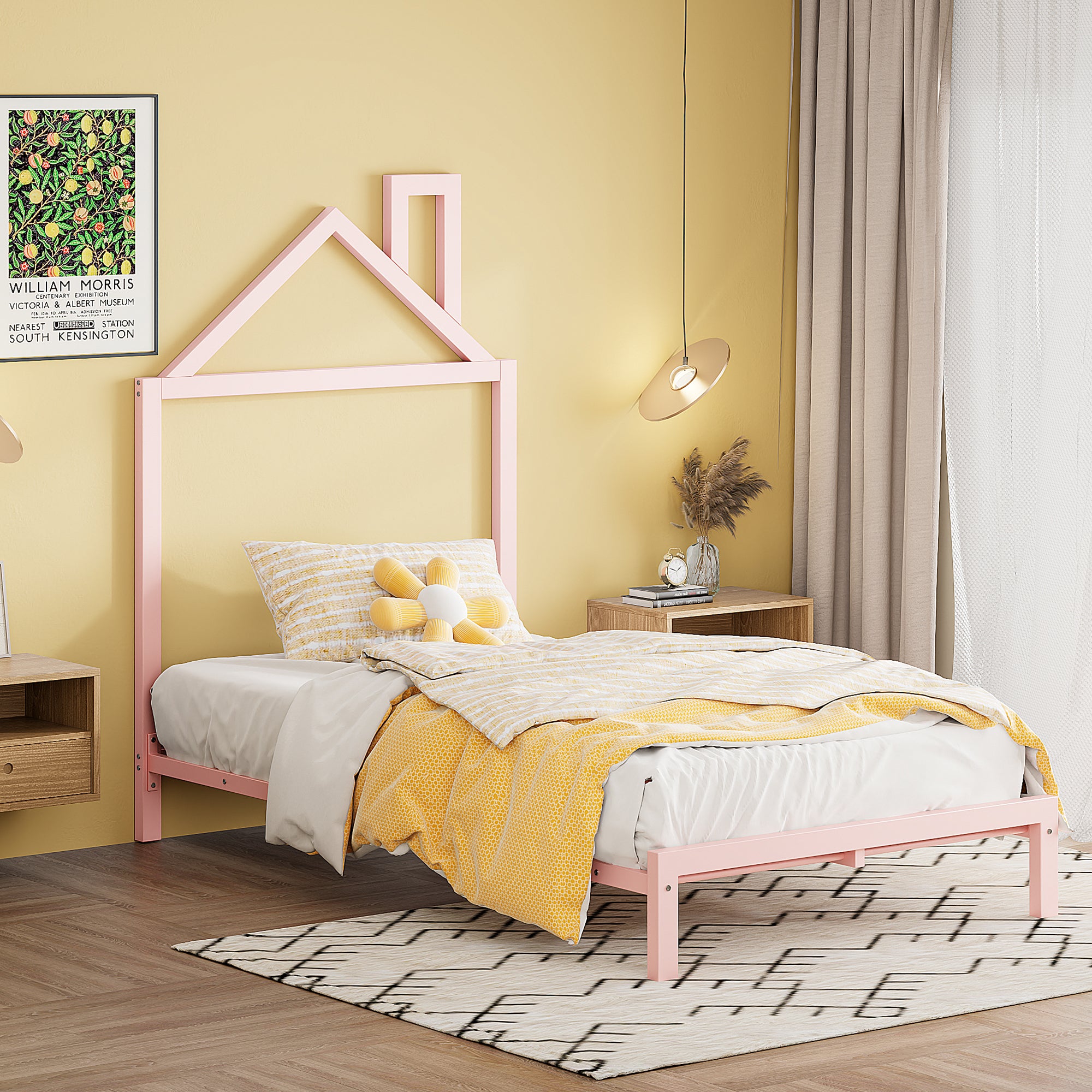 Twin Size Metal Platform Bed with House-Shaped Headboard Design, Pink - Atlantic Fine Furniture Melbourne FL