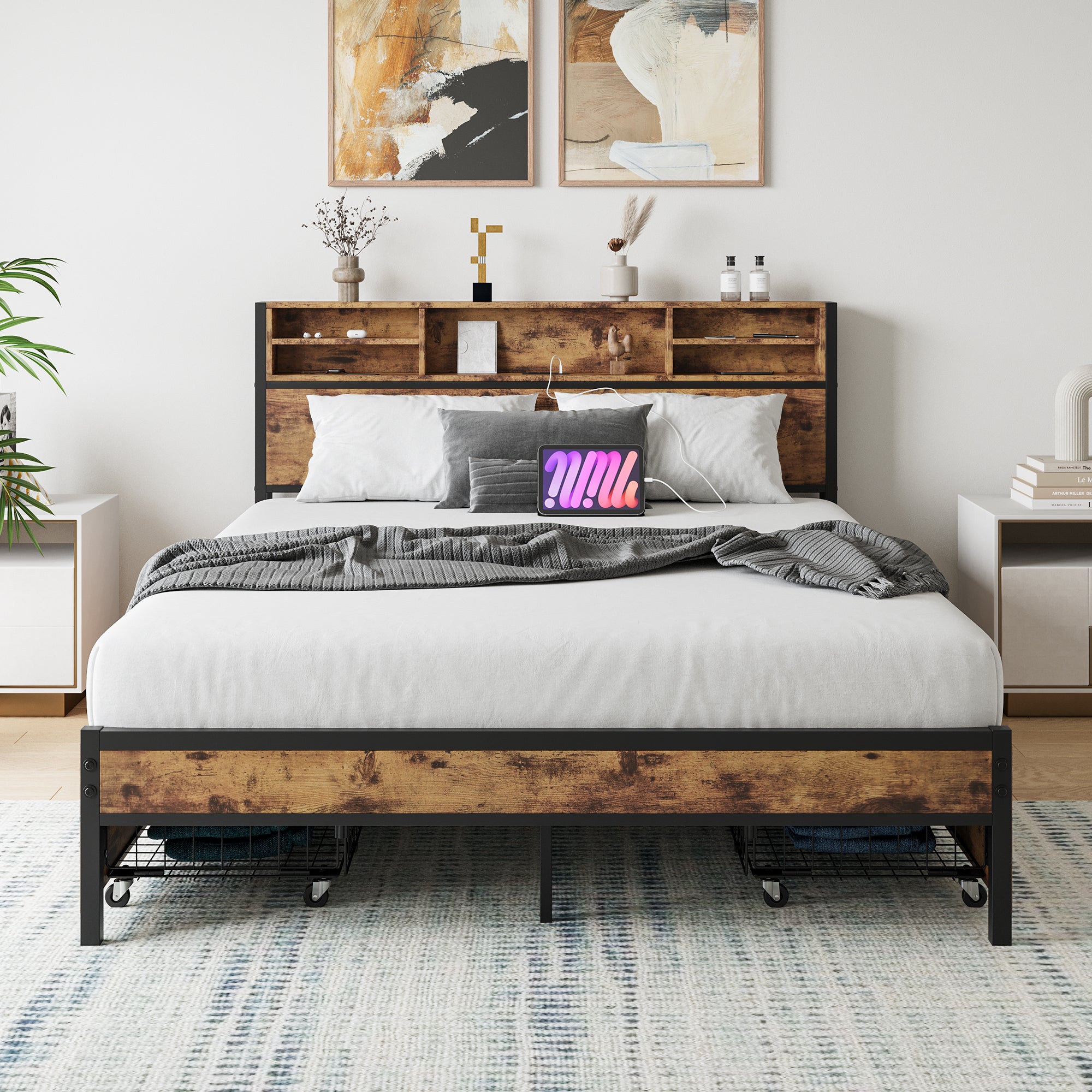 Queen Bed Frame with  Storage Headboard and 4 Drawers - Atlantic Fine Furniture Melbourne FL