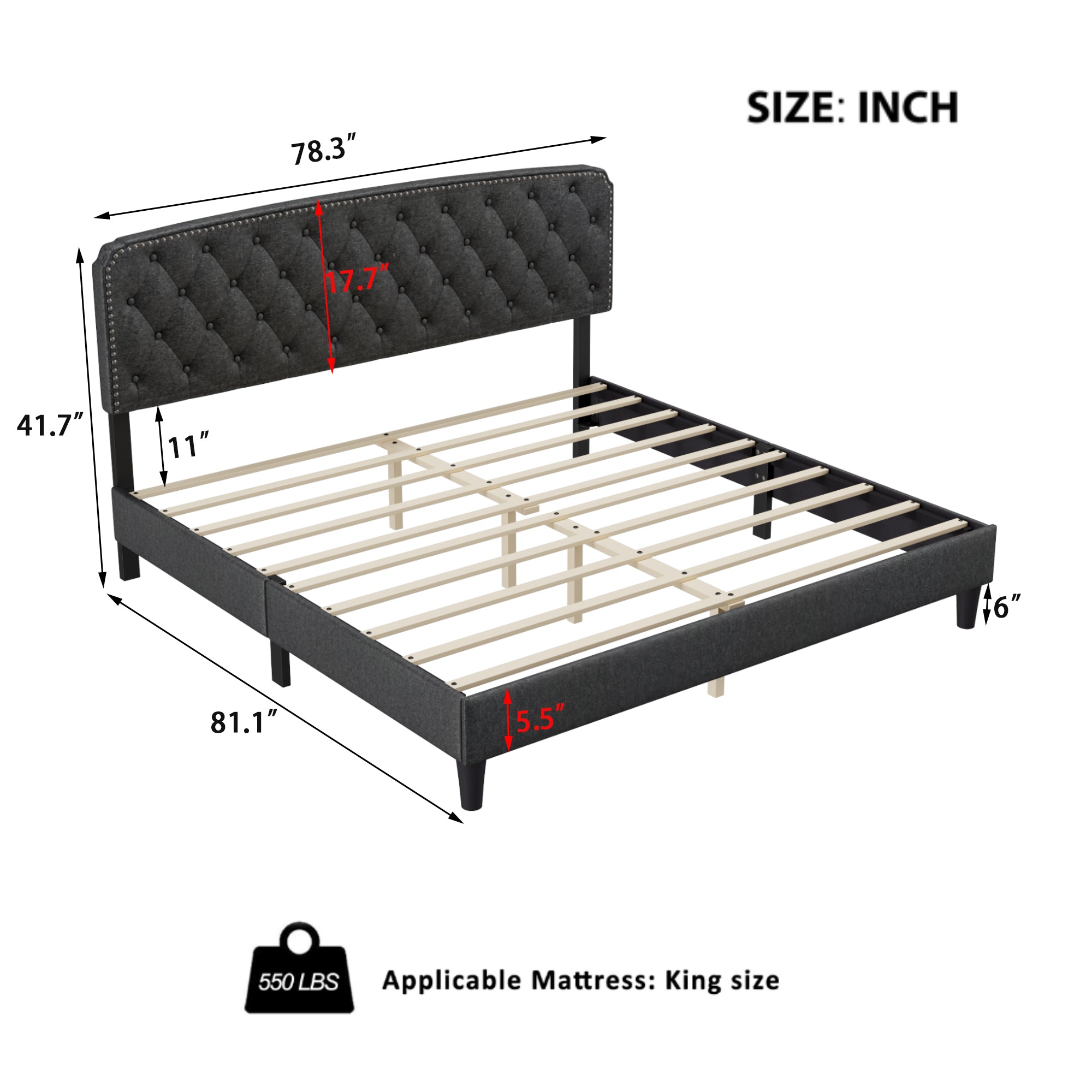 King size Adjustable Headboard with Fine Linen Upholstery and Button Tufting for Bedroom,  Wave Top  Dark Grey