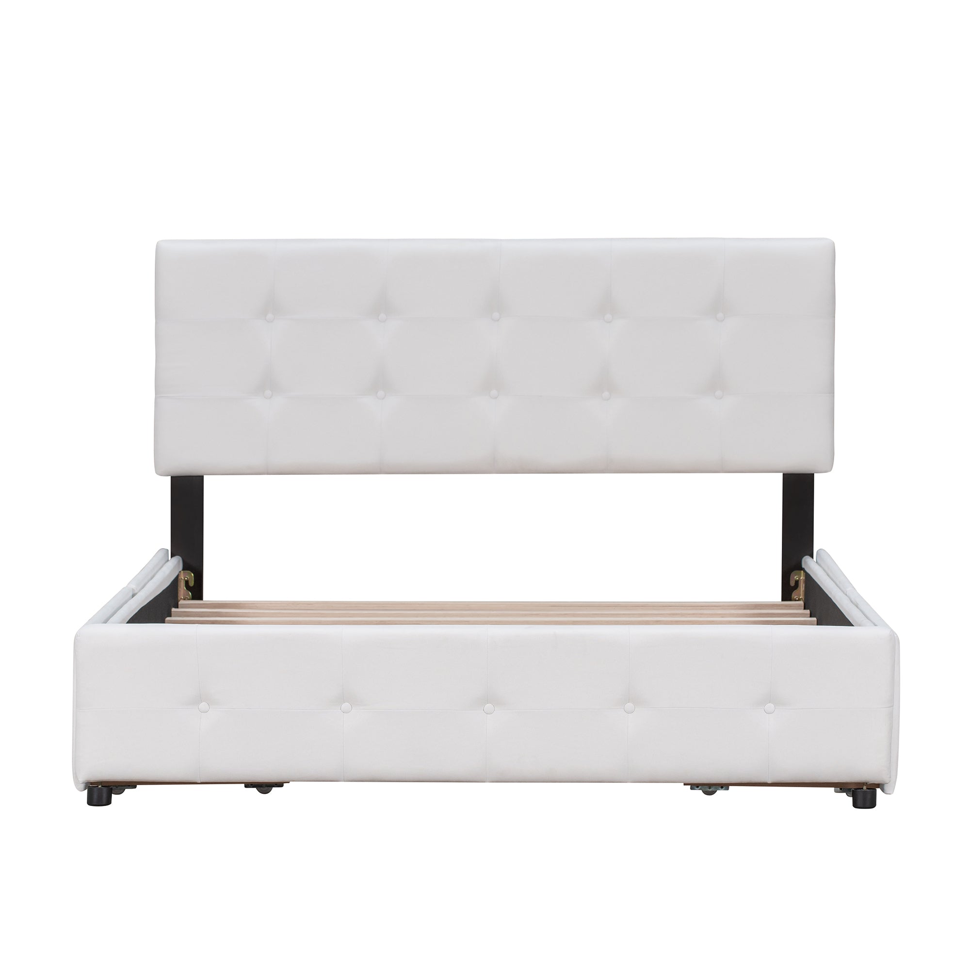 Upholstered Platform Bed with Classic Headboard and 4 Drawers, No Box Spring Needed, Linen Fabric, Queen Size White - Atlantic Fine Furniture Melbourne FL