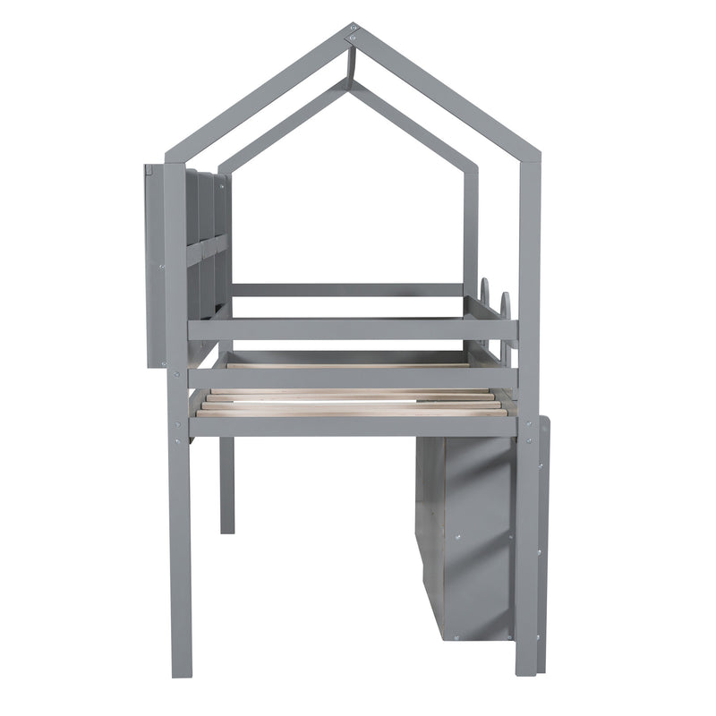 Twin Size House Loft Bed with Multiple Storage Shelves, Grey