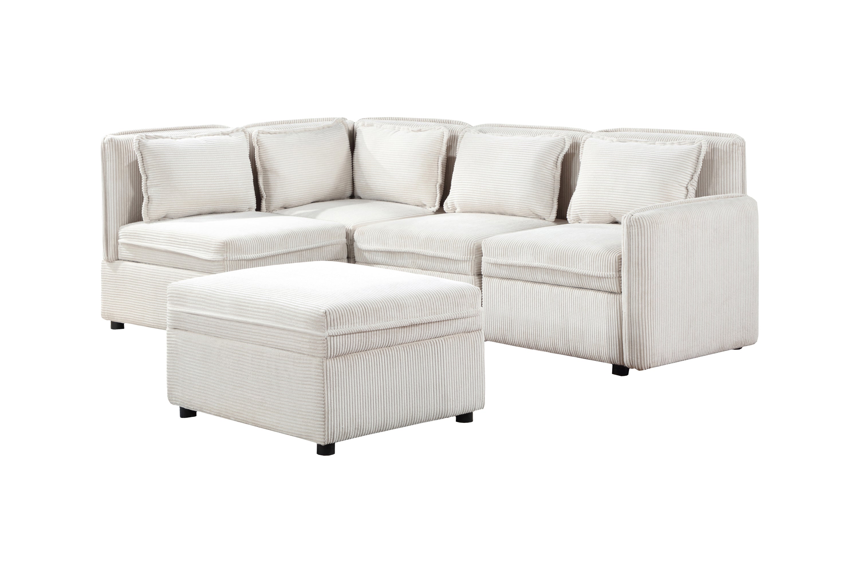 Modular Corduroy Sectional Sofa, Convertible L Shaped Couch Sofa with Storage,  5 Seat Sofa Couch for Living Room, Beige