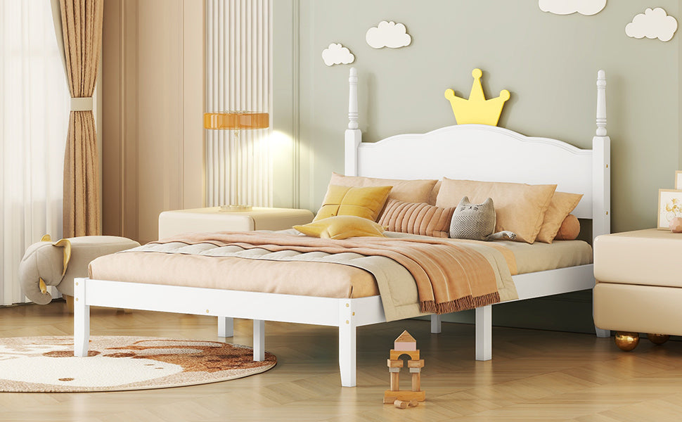 Full Size Wood Platform Bed with Crown Shaped Headboard, White - Atlantic Fine Furniture Melbourne FL