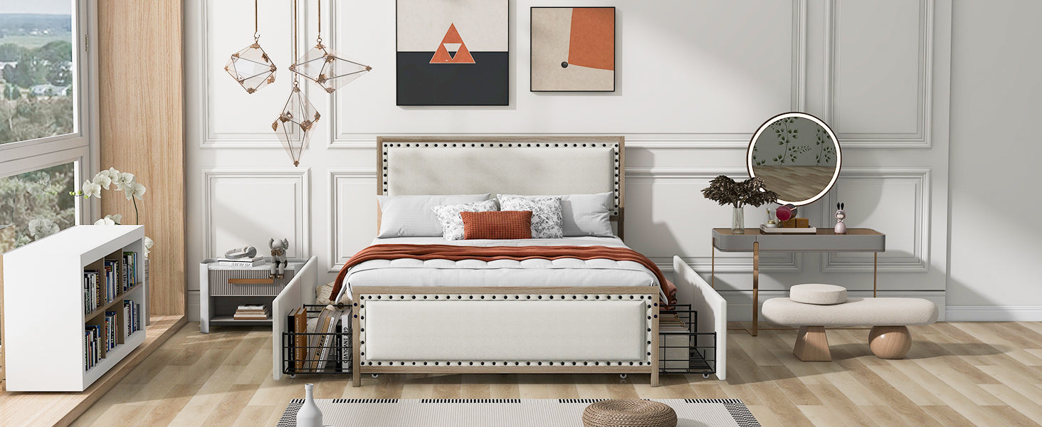 Queen Size Upholstered Platform Bed with Nailhead Decoration and 4 Drawers, Brown - Atlantic Fine Furniture Melbourne FL