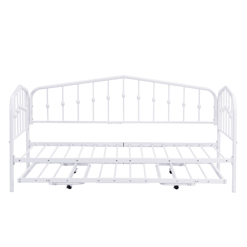 Twin Size Stylish Metal Daybed with Twin Size Adjustable Trundle, Portable Folding Trundle, White