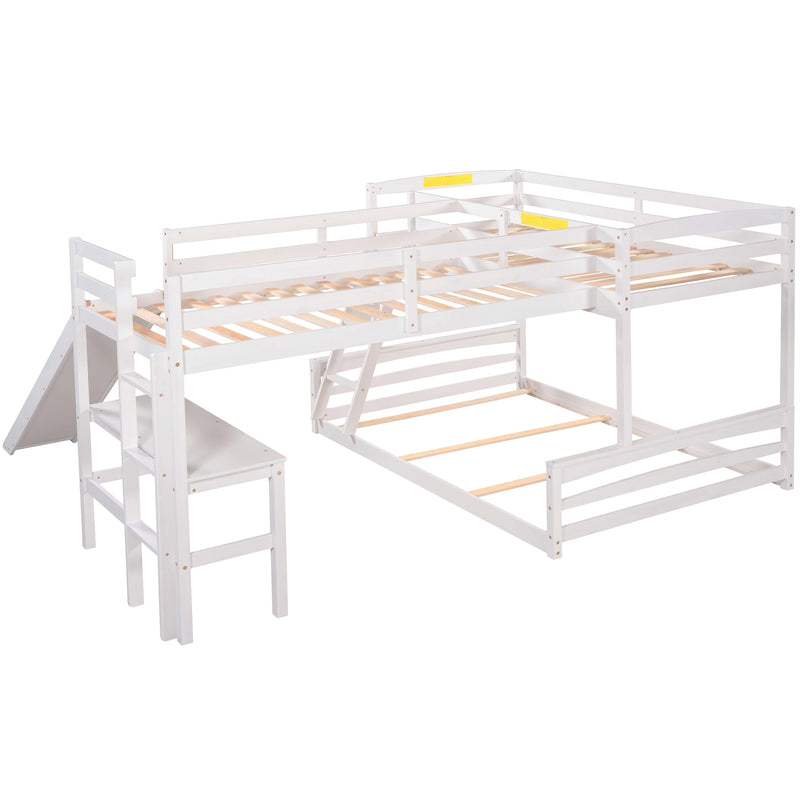 Twin over Full Bunk Bed with Twin Size Loft Bed with Desk and Slide,Full-Length Guardrail, White